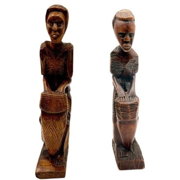 Other - Hand Carved Wood Drummer Figurine Set Tribal African Art Decor Men Drums